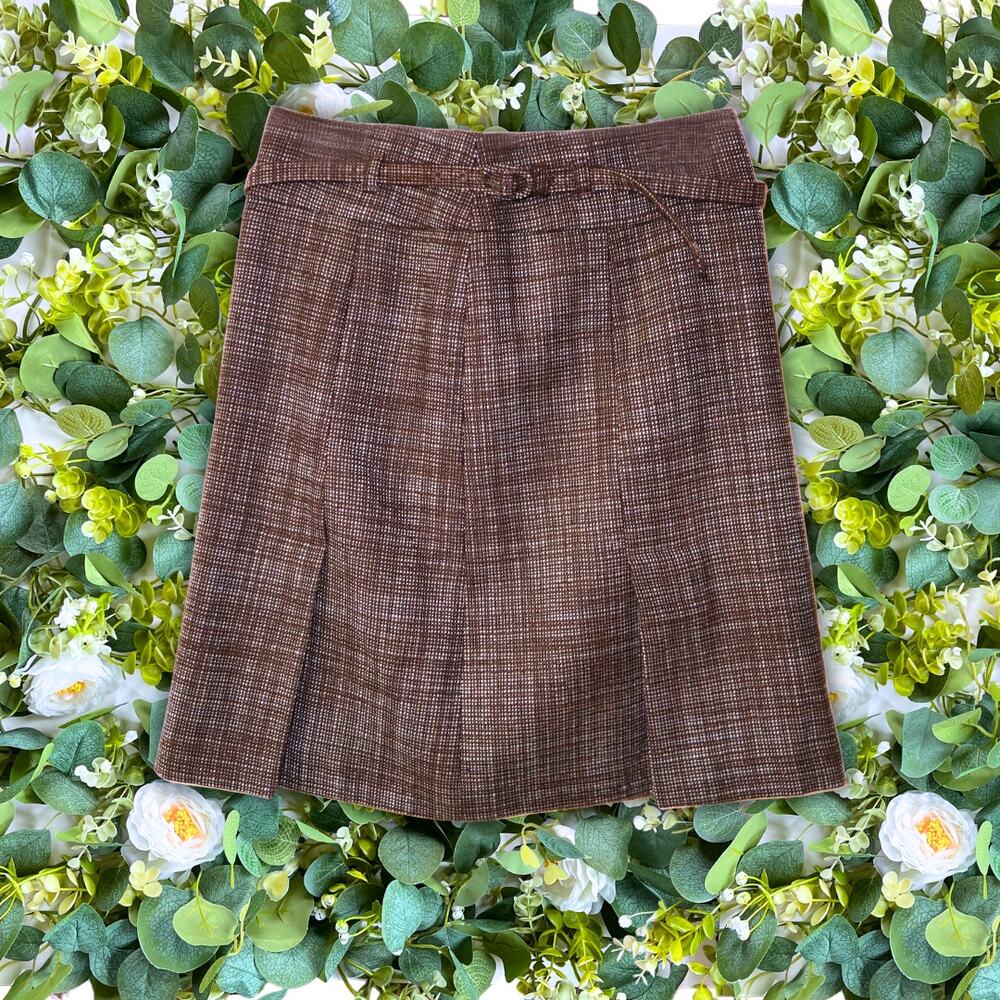 Vintage Women's Brown Tweed Pleated Skirt with Matching Belt Size 28